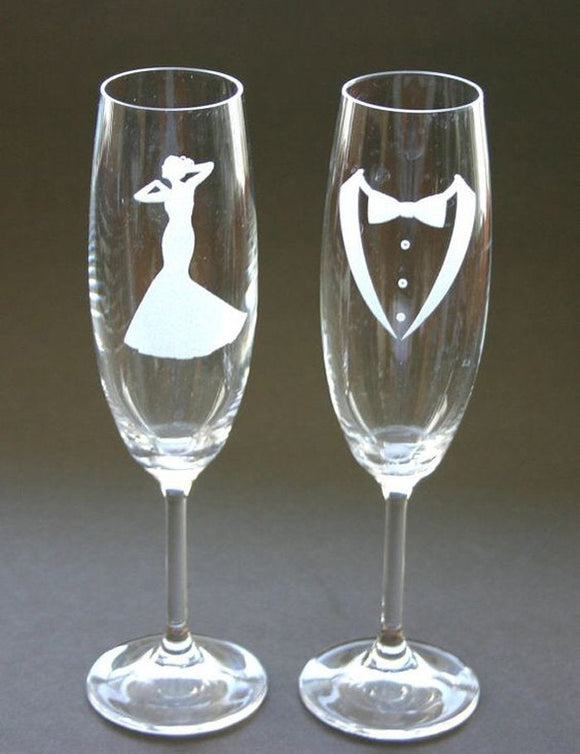Pair of Engraved Champagne Flute Glasses-Personalized and Custom Weddings Engagement Party Bachelor Bachelorette