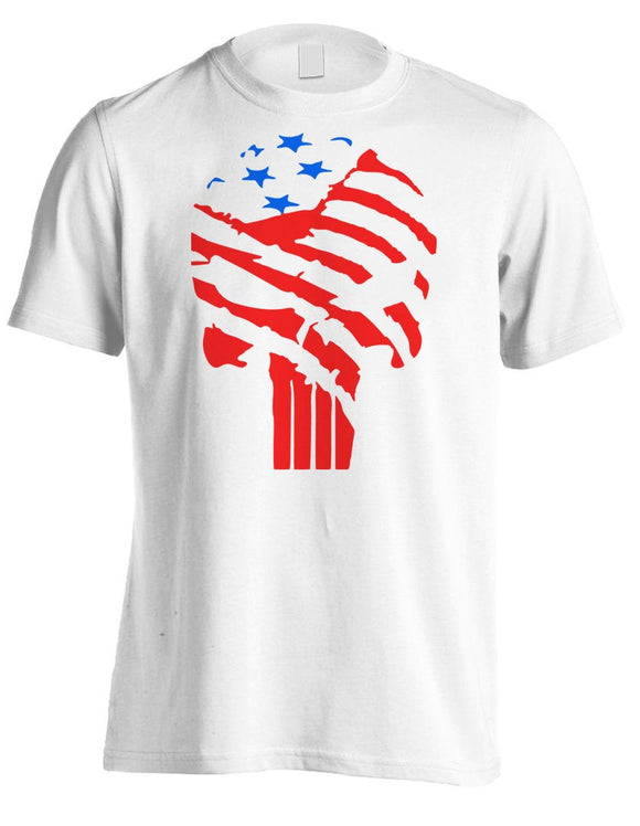 PUNISHER Stars and Stripes Patriotic Tee Shirt Custom American Flag Skull